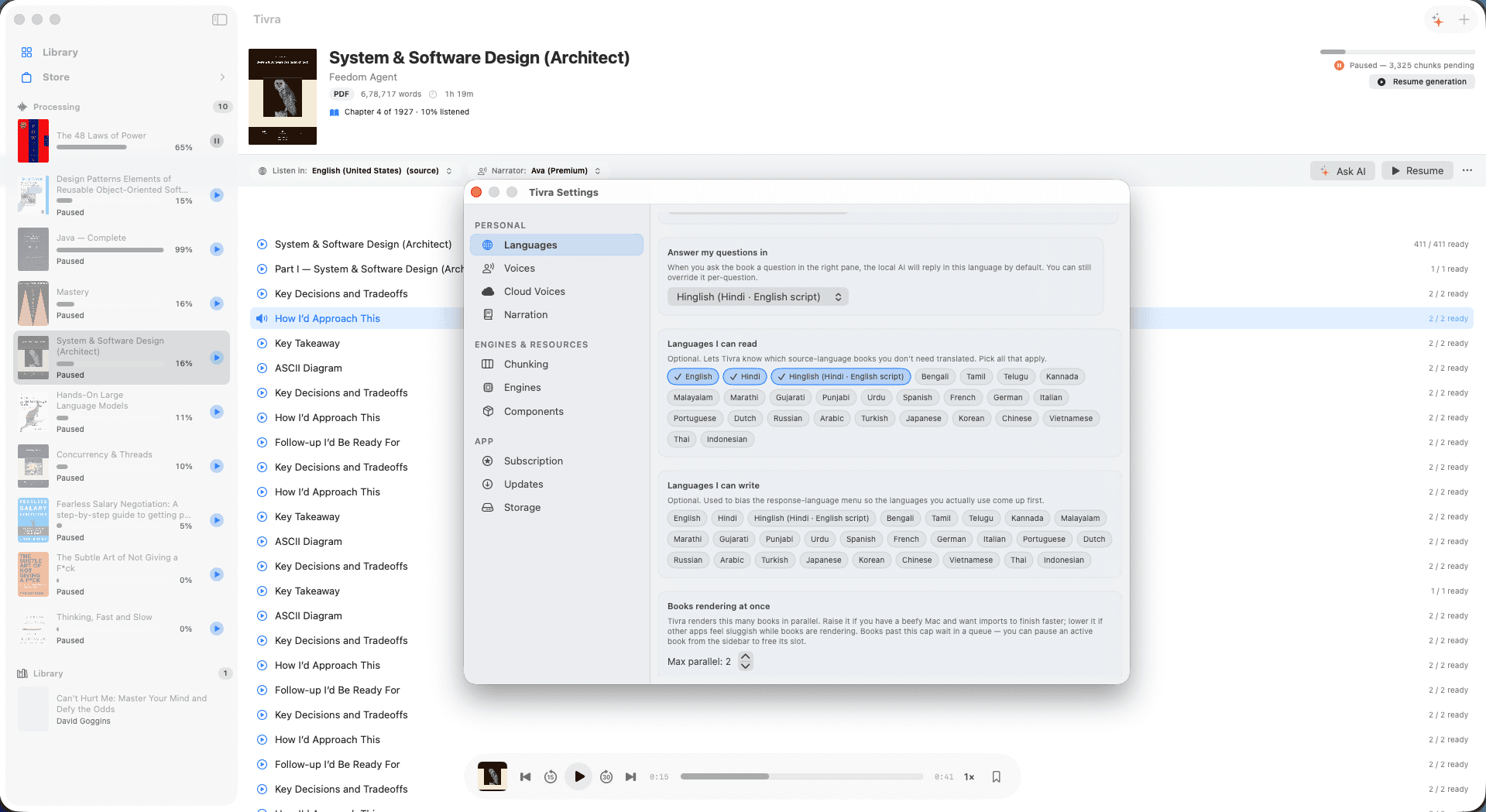 Tivra Settings, engine, voice, translation provider