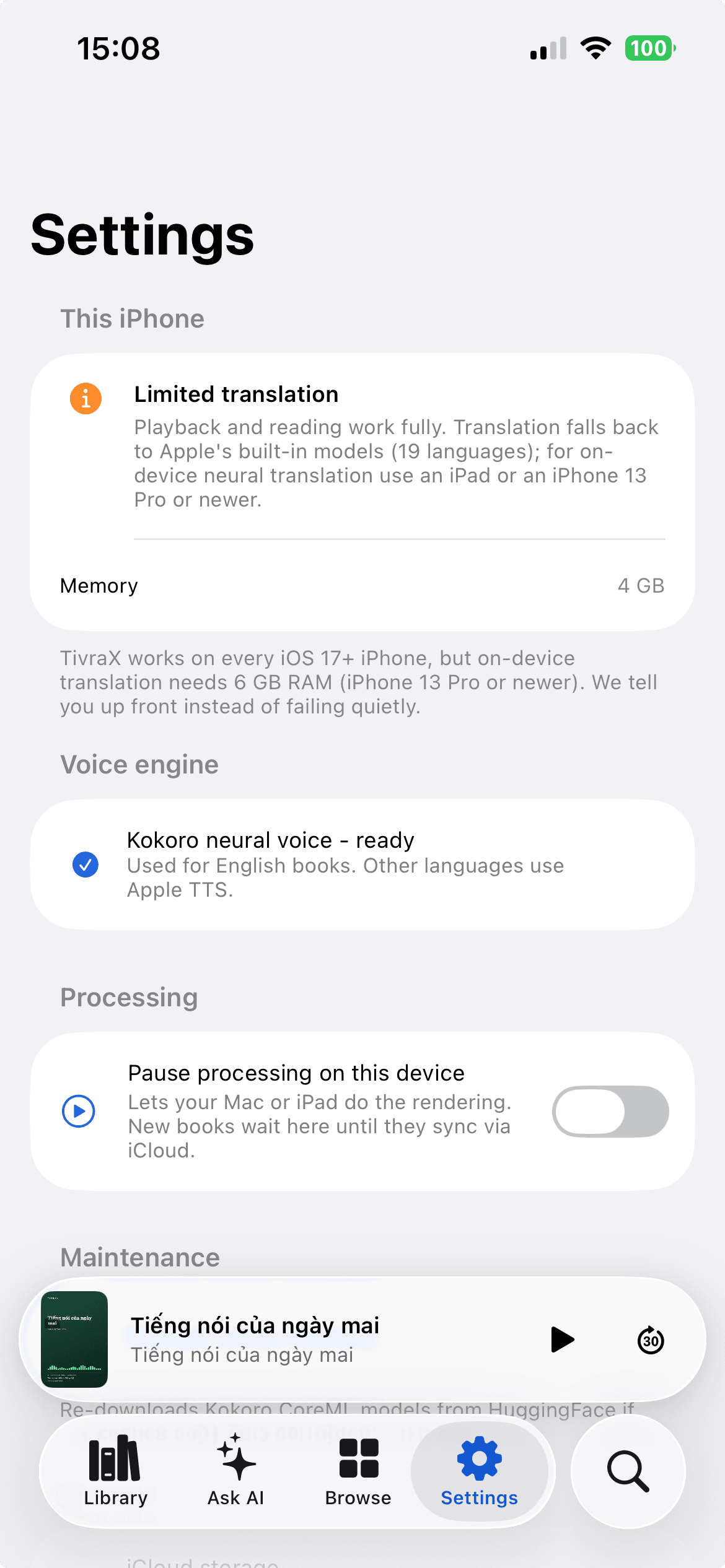 TivraX iPhone Settings, limited translation tier with honest hardware messaging