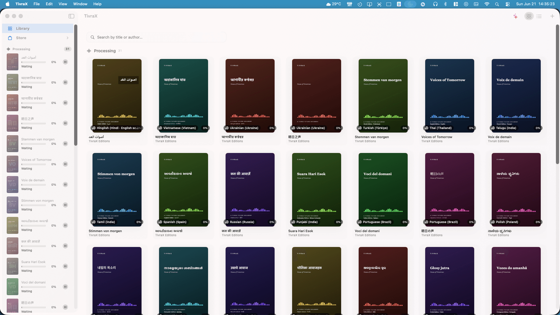 TivraX Mac library, processing and completed shelves with cover art