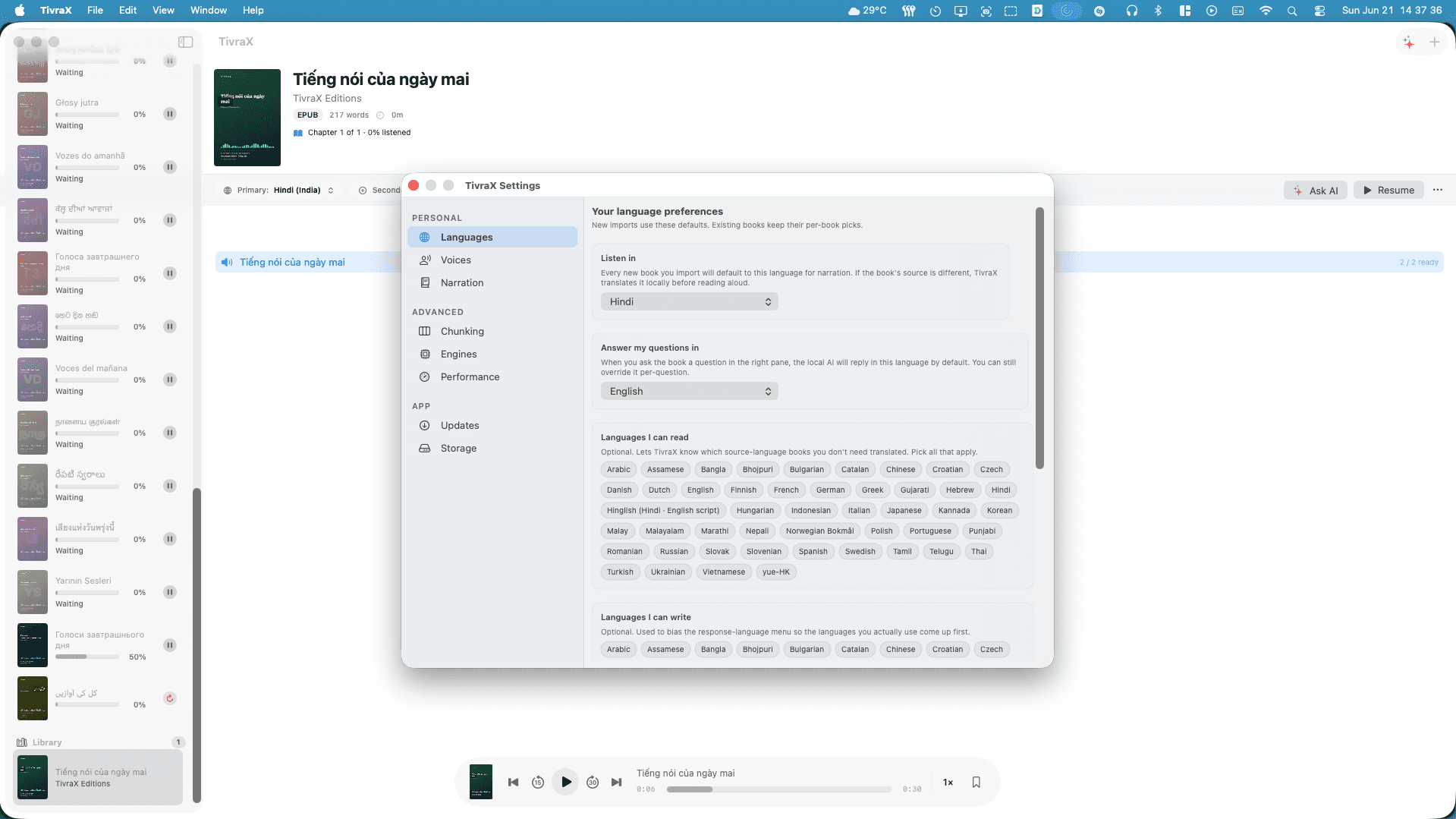 TivraX Settings, engine, voice, translation provider